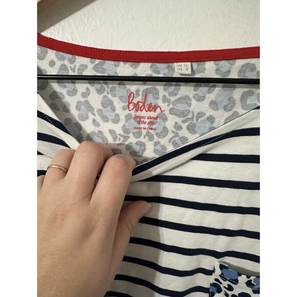 Boden Breton Stripe with Animal Leopard Print Long Sleeve Navy Sz 8 100% Cotton - Picture 3 of 6